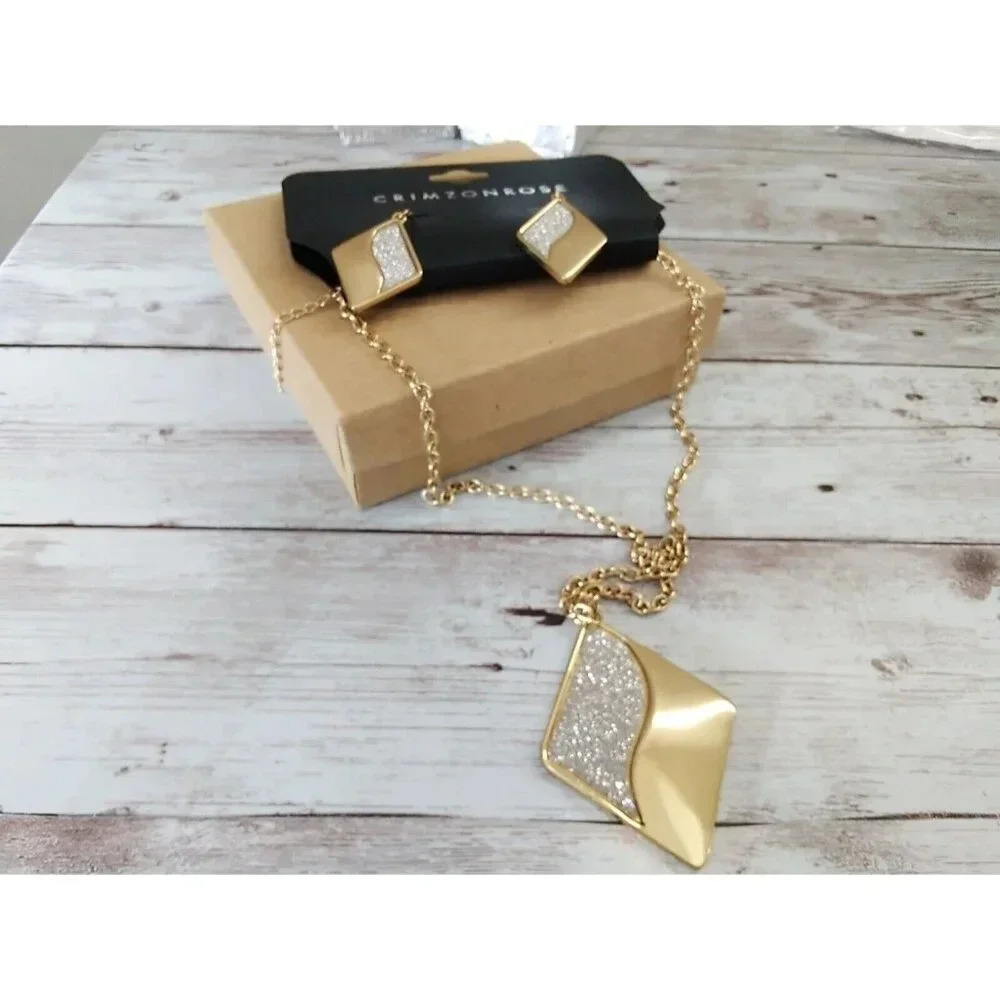 Vintage 1990s Gold & Silver Crimzon Rose Necklace & Earrings Set NWT